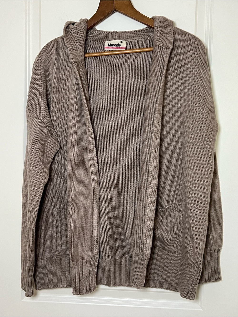 Maronie Hooded Open-Front Knit Cardigan Wool Blend Taupe Brown Small - Picture 6 of 6